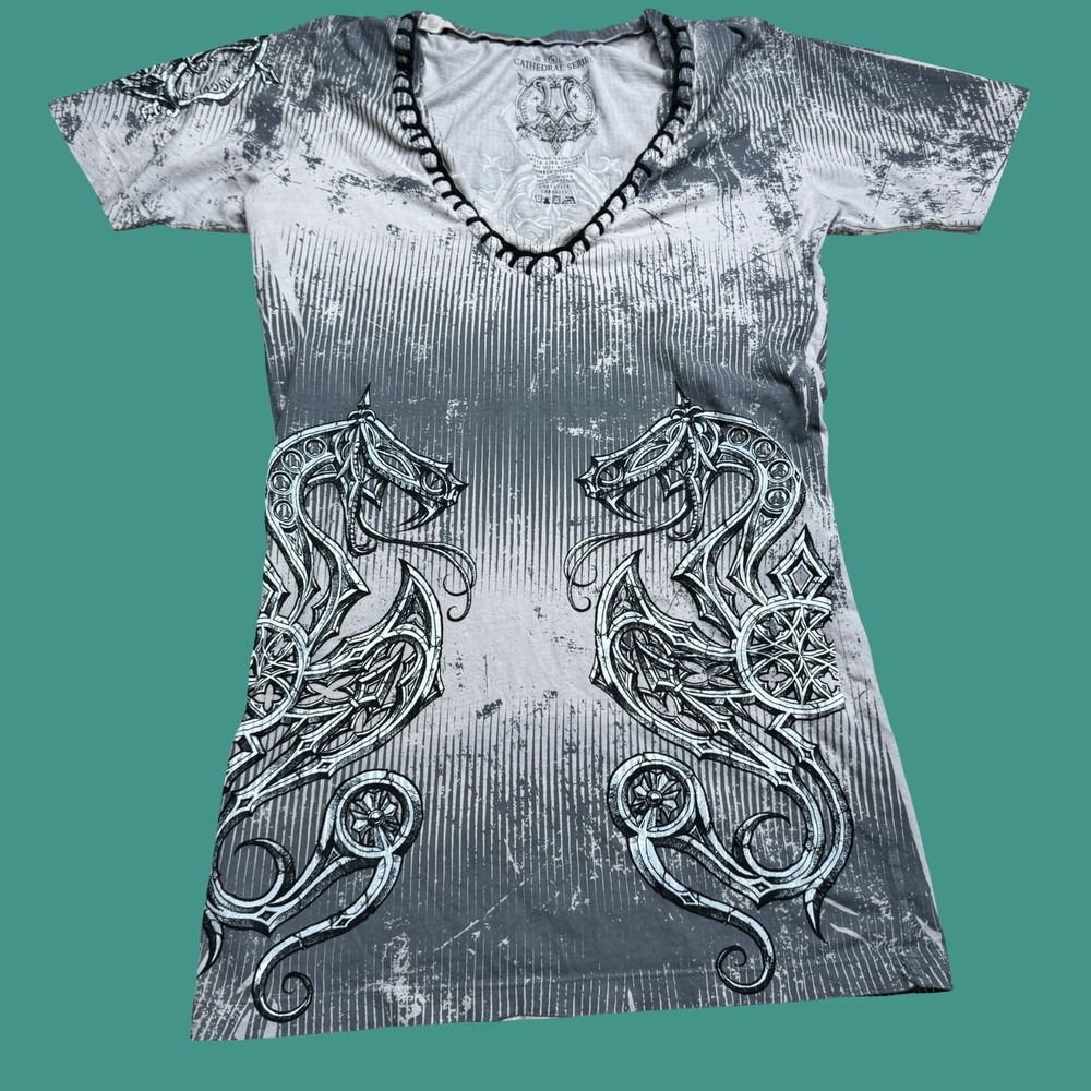 Affliction Cathedral Series T Shirt M Womens Gray Snake Graphic Cross Y2K Top
